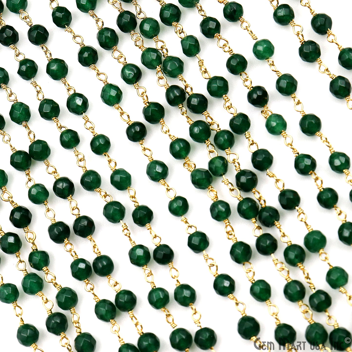 Green Jade Faceted Round 4mm Beads Gold Plated Wire Wrapped Rosary Chain