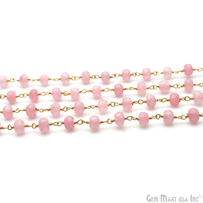 Baby Pink Jade Faceted 5-6mm Gold Wire Wrapped Beads Rosary Chain