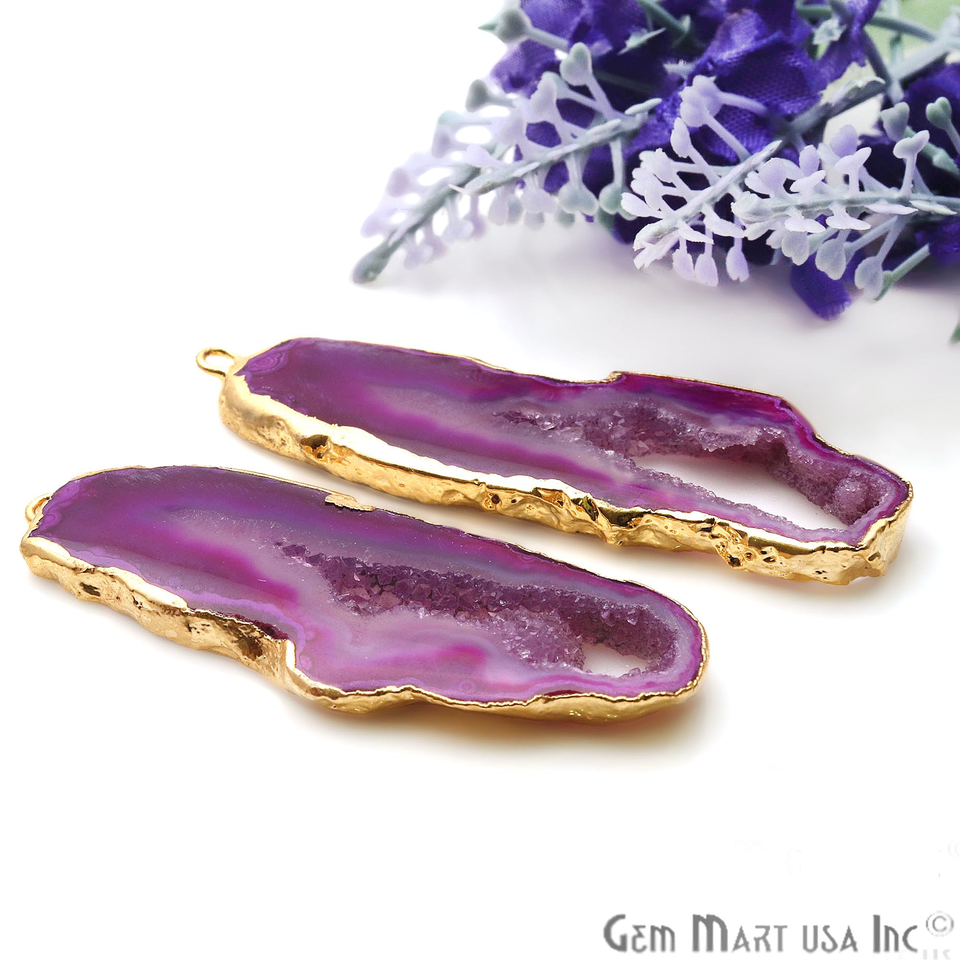 Agate Slice 57x20mm Organic Gold Electroplated Gemstone Earring Connector 1 Pair - GemMartUSA