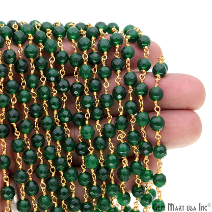 Green Jade Cabochon 6mm Beads Gold Wire Wrapped Rosary Chain