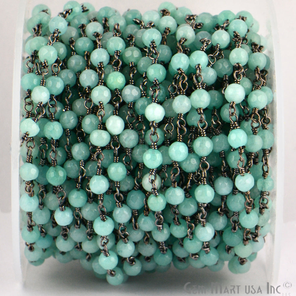 Aqua Jade 4mm Oxidized Wire Wrapped Beads Rosary Chain