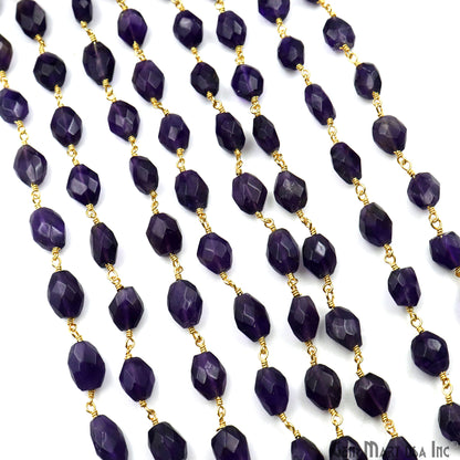 Amethyst Faceted Beads 6x8mm Gold Wire Wrapped Rosary Chain