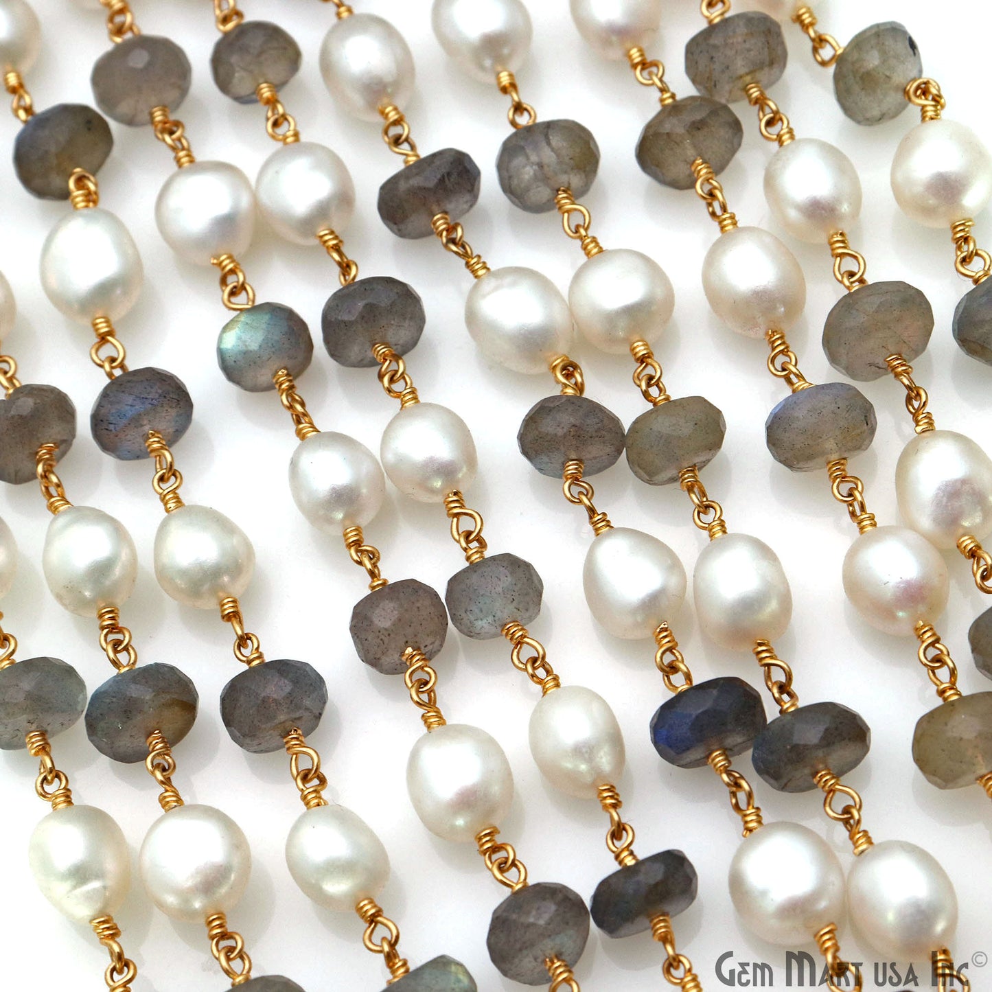 Labradorite & Pearl Beads 8-9mm Gold Plated Rosary Chain