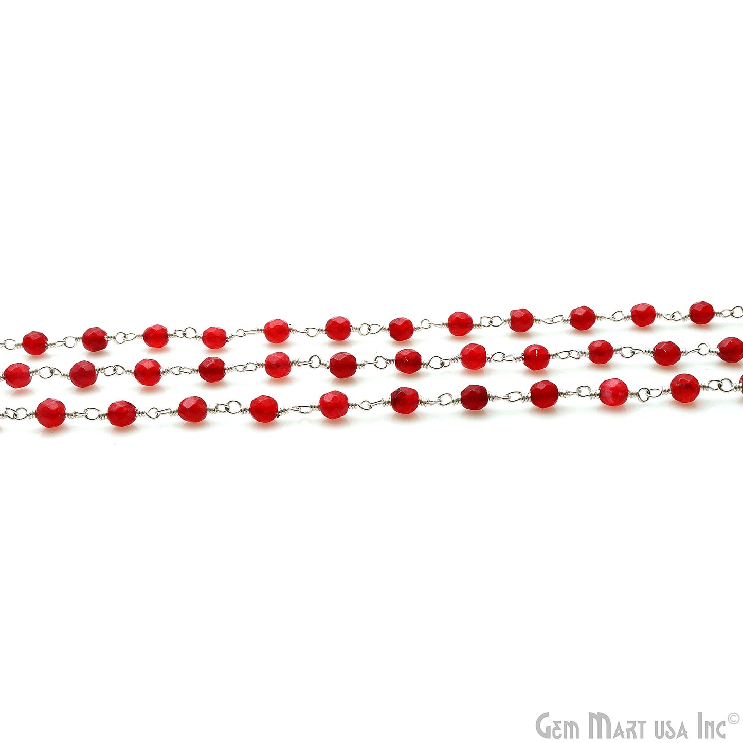 Red Jade Faceted Beads 4mm Silver Plated Wire Wrapped Rosary Chain