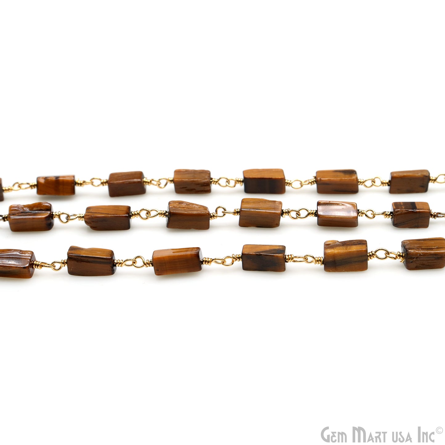 Tiger Eye Box Bead 8x5mm Gold Wire Wrapped Rosary Chain