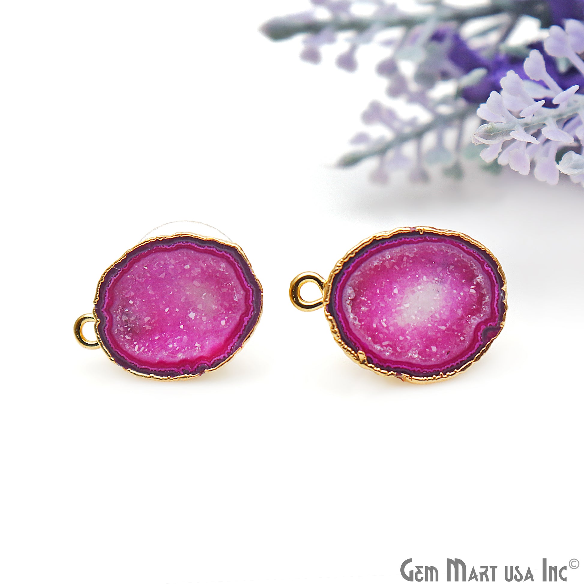 DIY Agate Slice Geode Druzy 13x19mm Gold Electroplated Loop Connector Studs Earrings - GemMartUSA