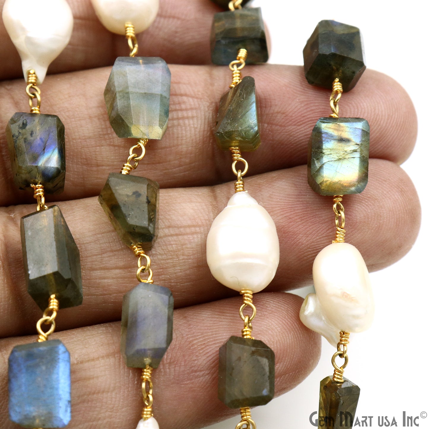 Labradorite With Pearl Freeform Shape Gold Plated Wire Wrapped Beads Rosary Chain