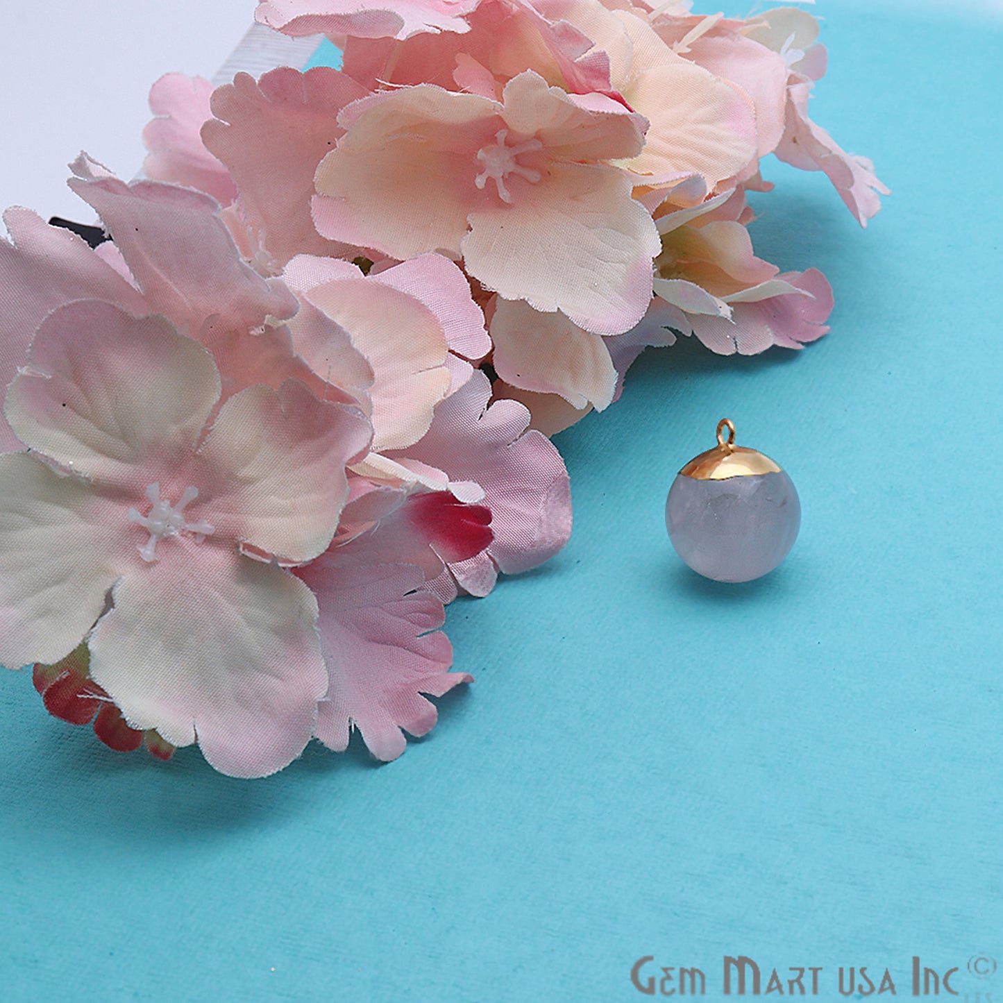 Rose Quartz 16x20mm Gold Electroplated Single Bail Charm Ball Connector - GemMartUSA