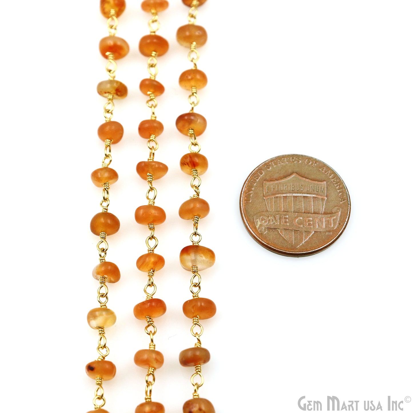 Carnelian Cabochon 4-5mm Gold Wire Wrapped Rosary Chain