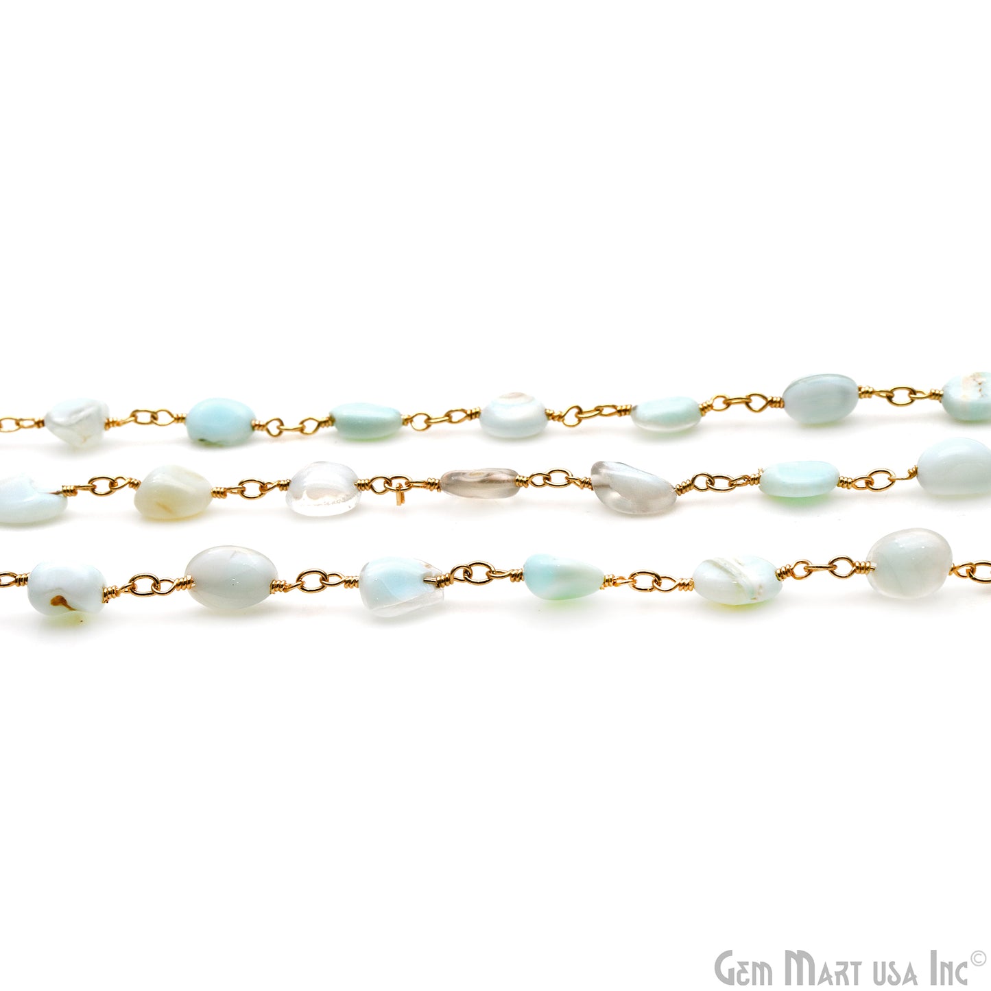 Light Amazonite Tumble Beads 8x5mm Gold Wire Wrapped Rosary Chain