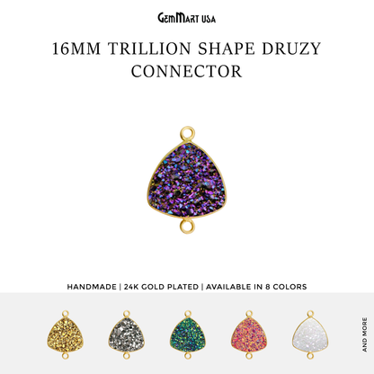 Natural Titanium Druzy 16mm Trillion Gold Plated Double Bail Gemstone Connector
