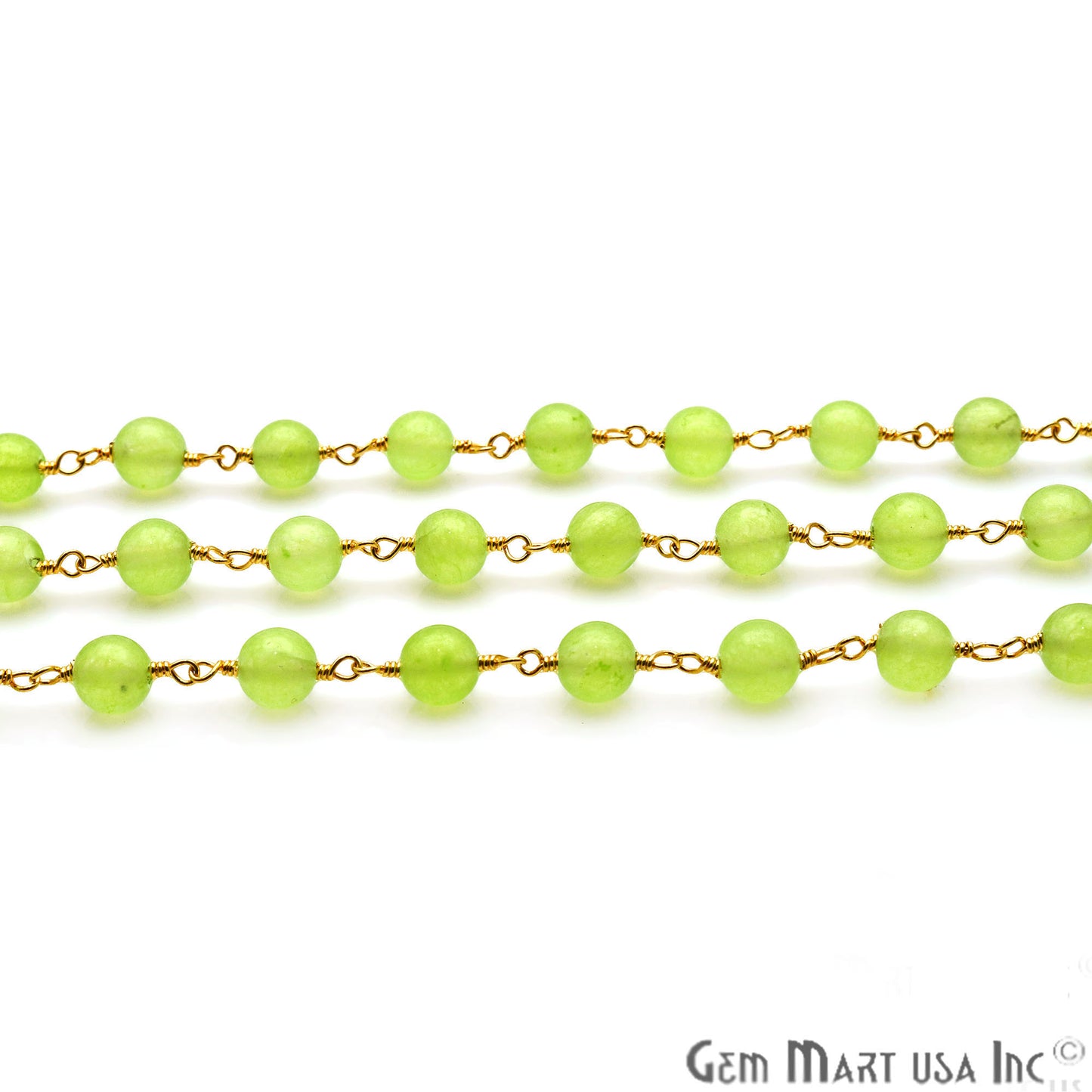 Baby Green Jade Smooth Beads Gold Plated Wire Wrapped Rosary Chain - GemMartUSA