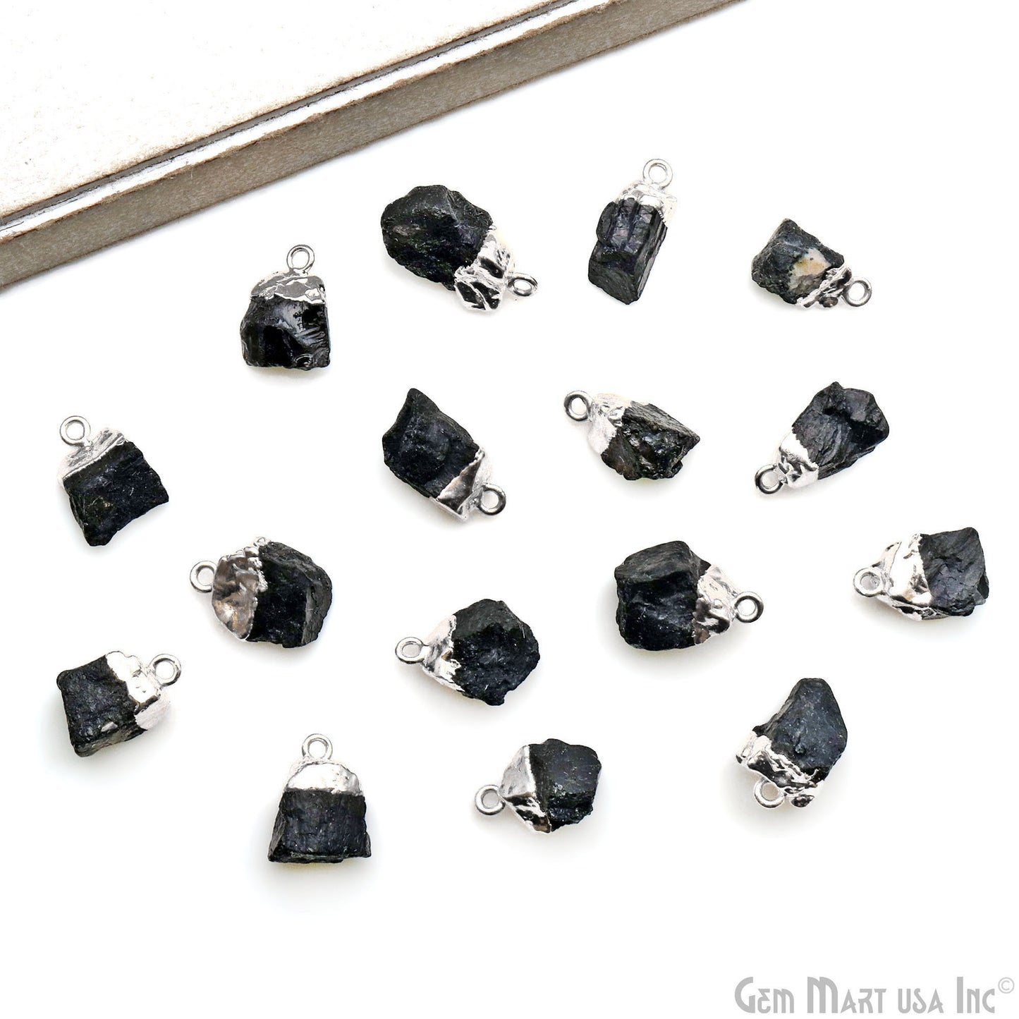 Rough Black Tourmaline Gemstone 15x10mm Organic Silver Edged Single Bail Connector Charm