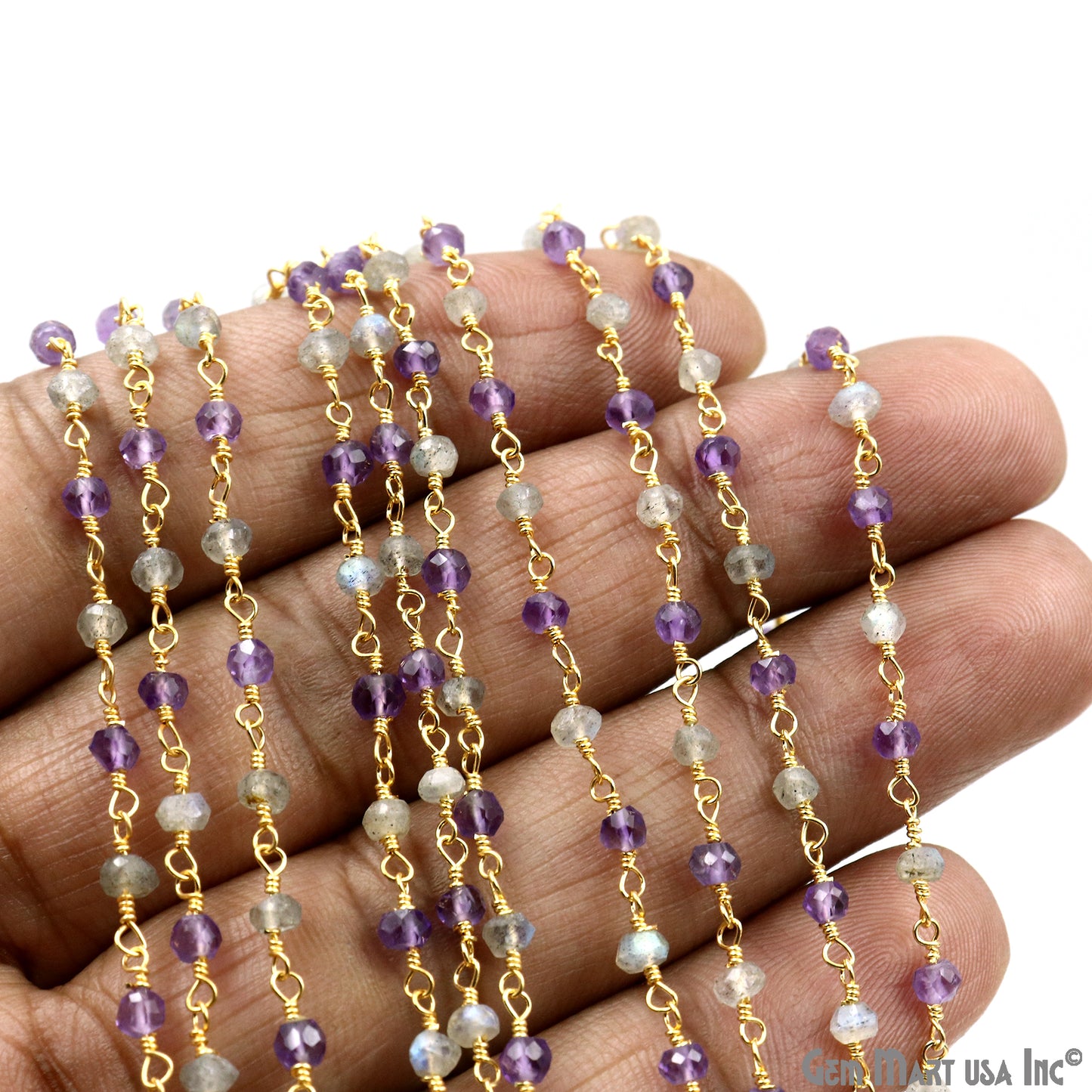 Amethyst & Labradorite 3-3.5mm Gold Plated Faceted Beads Wire Wrapped Rosary Chain