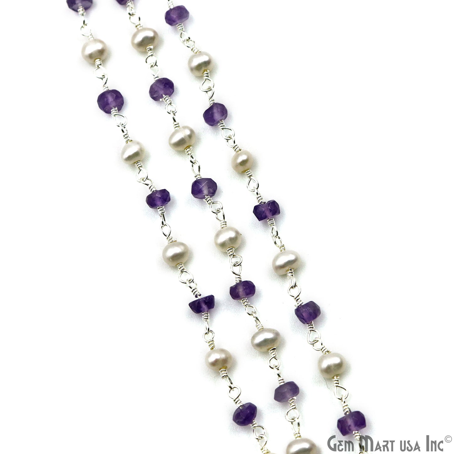 Amethyst With Pearl 3-3.5mm Silver Plated Wire Wrapped Rosary Chain