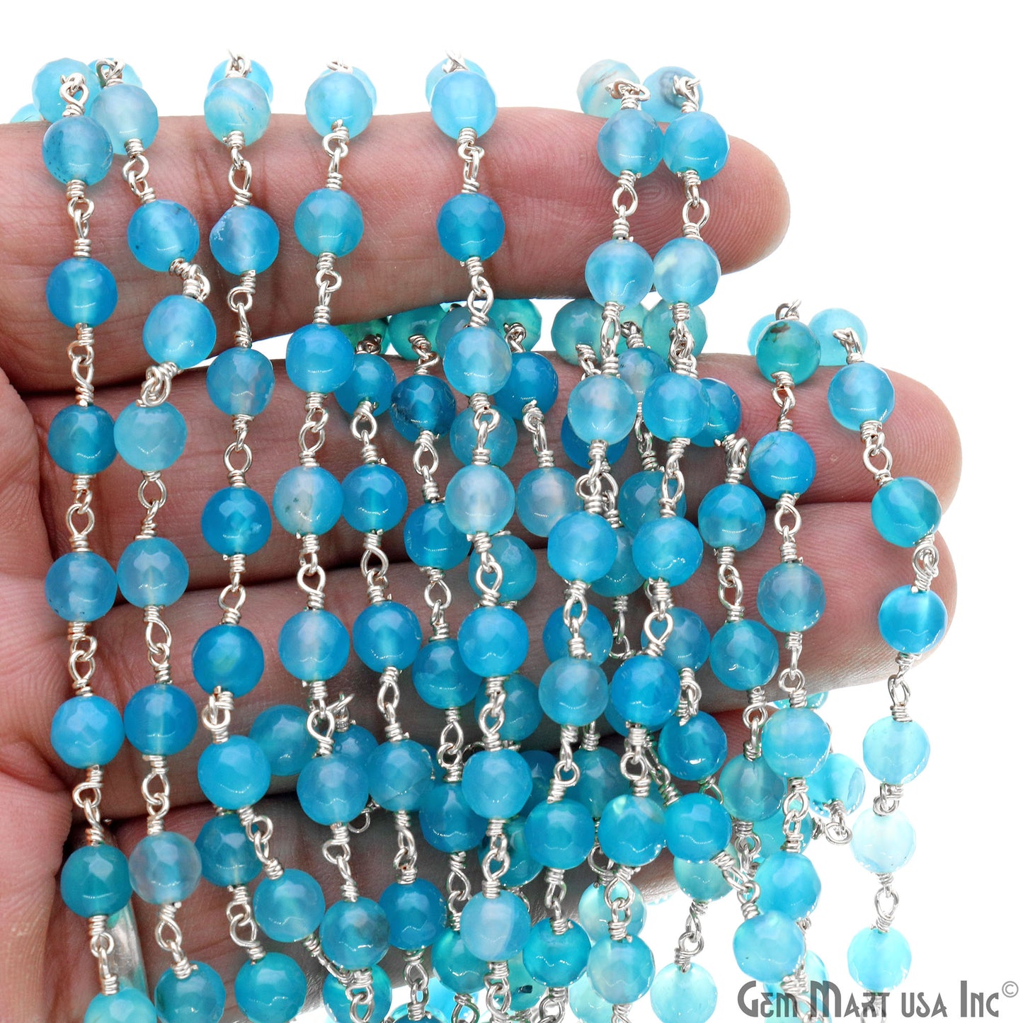 Sky Blue Jade 6mm Silver Plated Wire Wrapped Rosary Chain