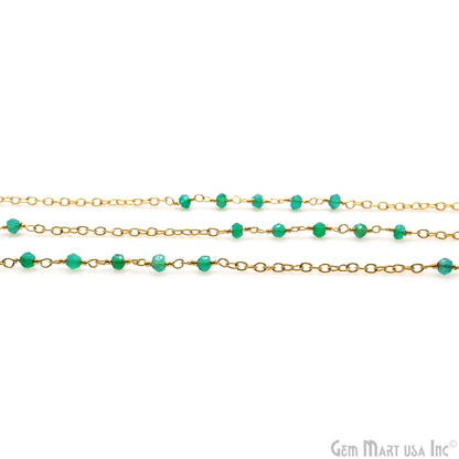 Green Onyx Faceted Gemstone Beaded Gold Plated Wire Wrapped Rosary Chain