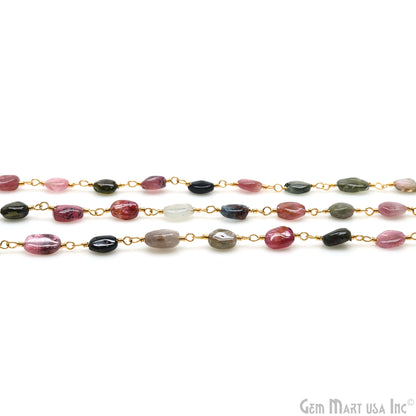 Multi Tourmaline 8x5mm Tumble Beads Gold Plated Rosary Chain