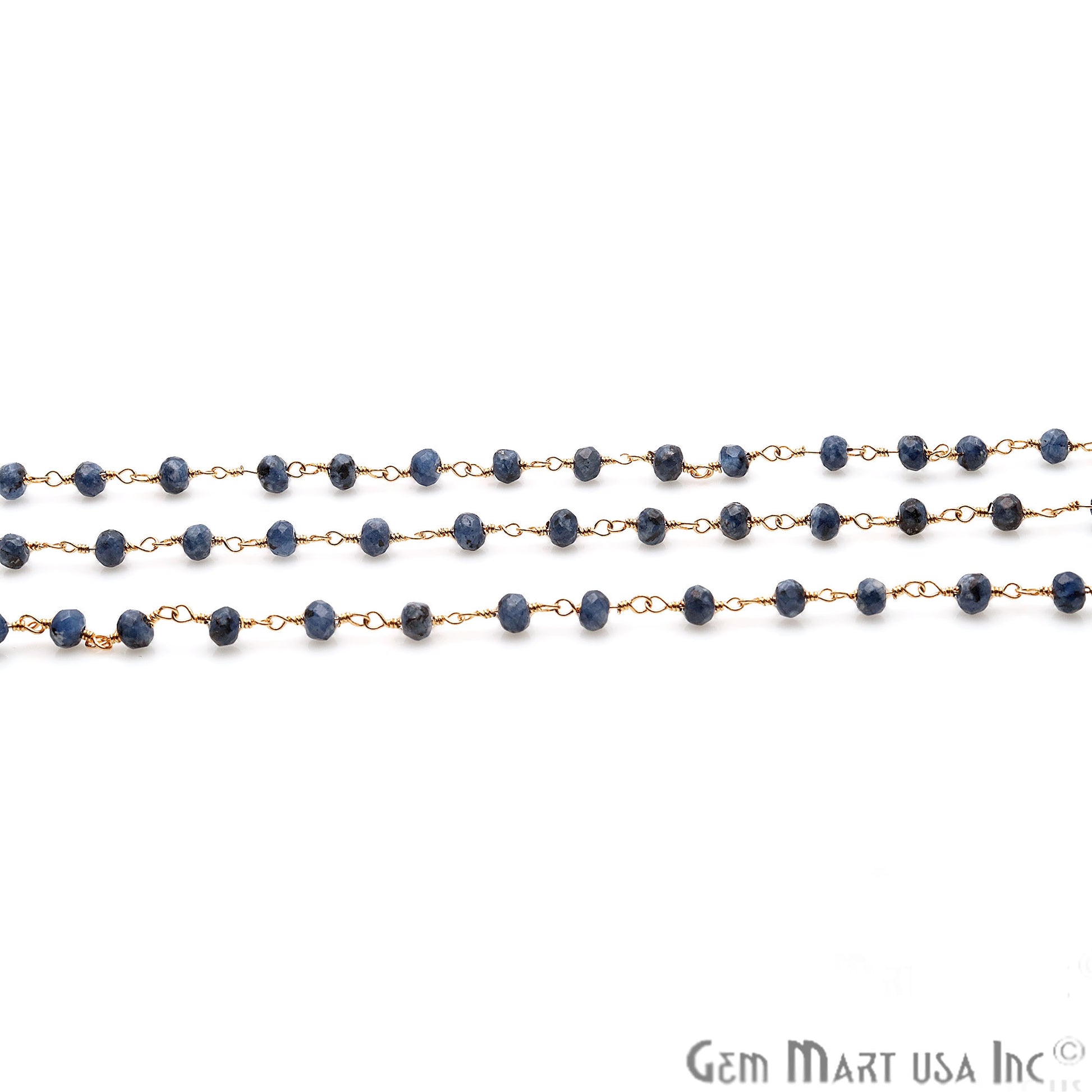 Sodalite Jade Faceted Beads 4mm Gold Plated Wire Wrapped Rosary Chain - GemMartUSA