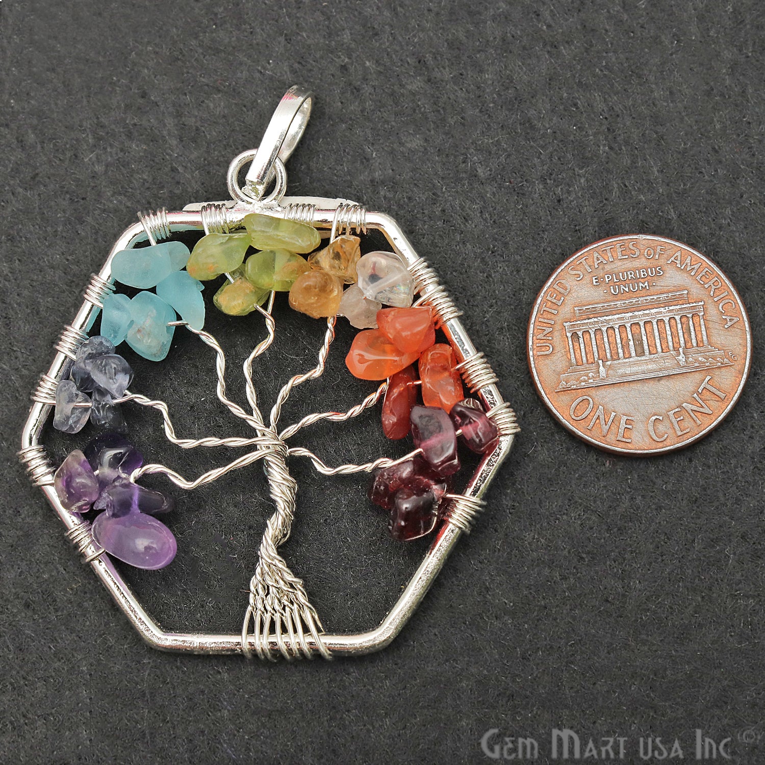 Tree of Life Multi Color Silver Wire Wrapped 42mm Chakra Pendant - GemMartUSA