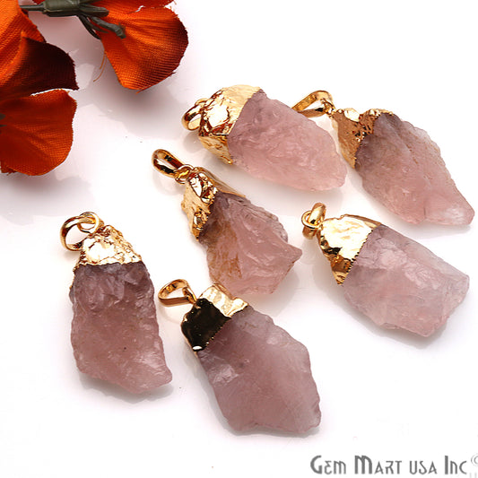 DIY Rough Rose Quartz Gemstone 37x17mm Gold Edge Necklace Pendant - GemMartUSA