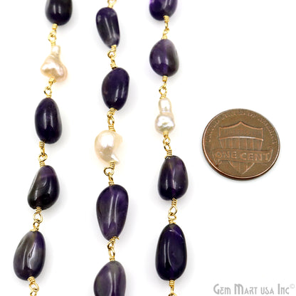 Amethyst & Pearl Tumbled Beads Gold Plated Wire Wrapped Rosary Chain