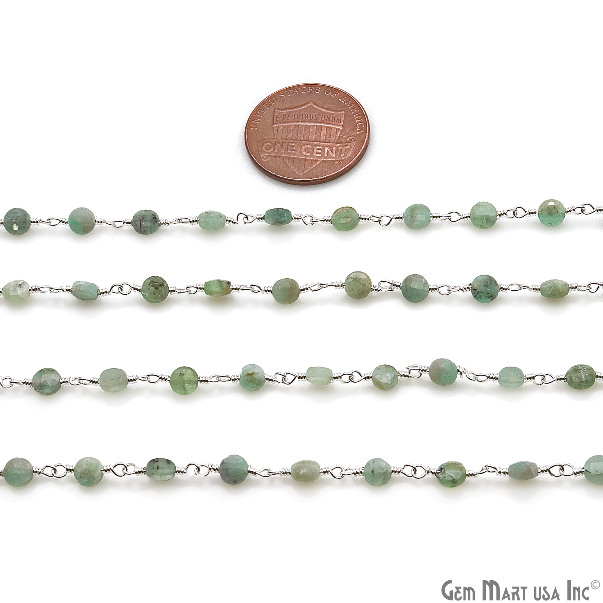 Emerald Faceted 3-4mm Silver Wire Wrapped Rosary Chain - GemMartUSA