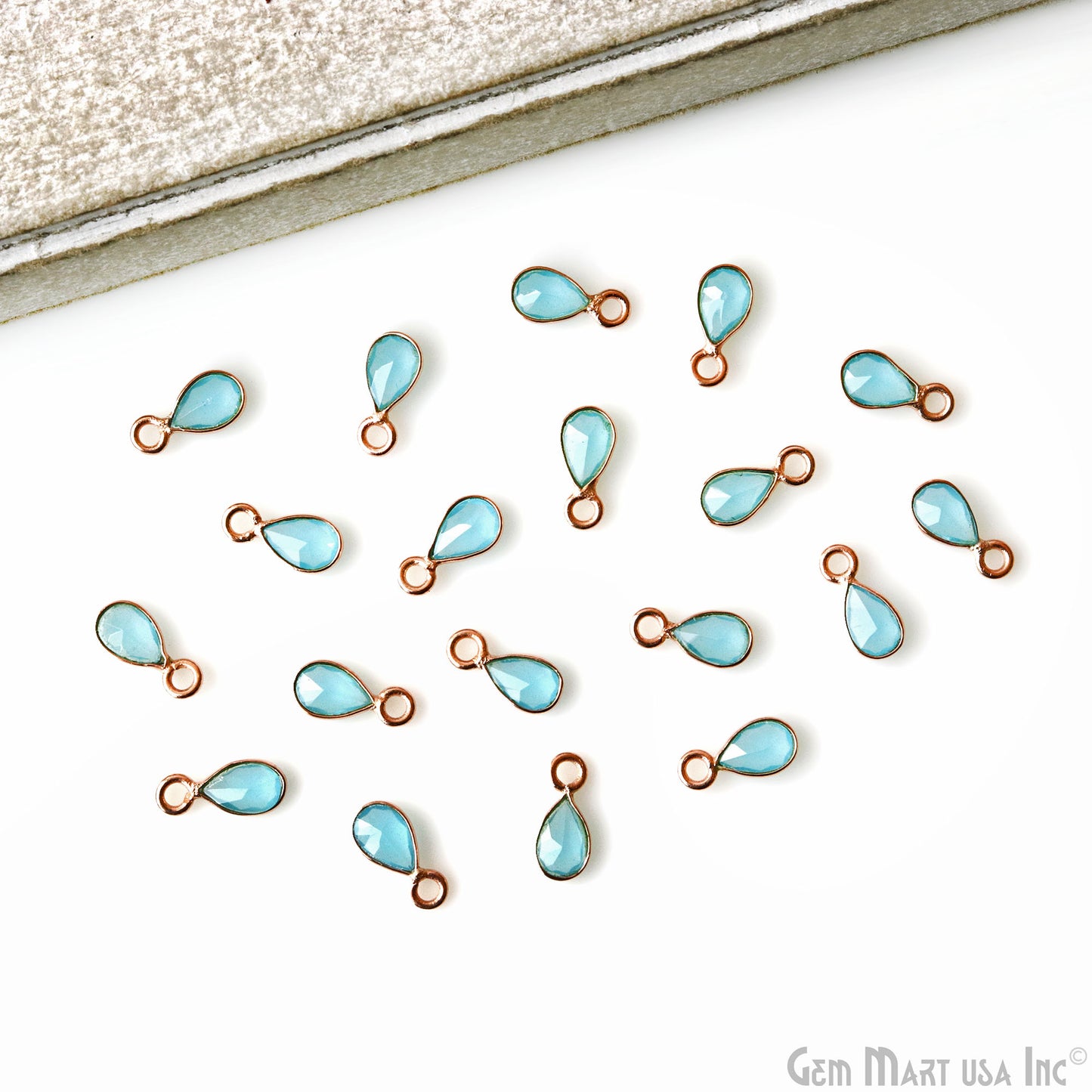 5pc Lot Sky Blue Chalcedony Pears 4x3mm Rose Gold Plated Single Bail Brilliant Cut Gemstone Connector