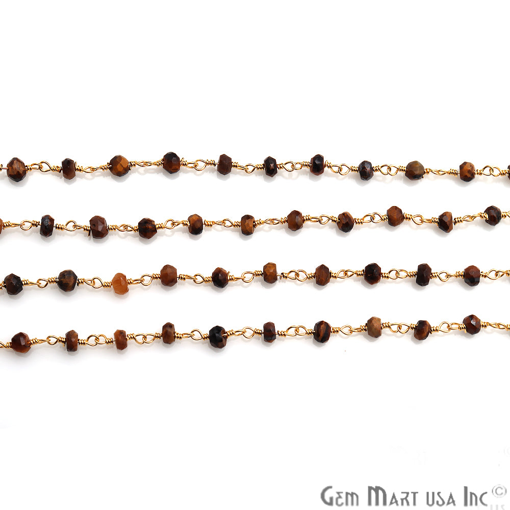 Tiger Eye Gemstone Beads 3-3.5mm Gold Wire Wrapped Rosary Chain - GemMartUSA