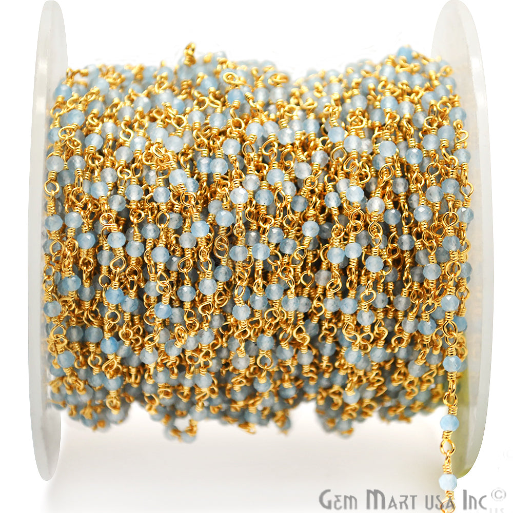 Light Blue Chalcedony Gold Plated Wire Wrapped Gemstone Beads Rosary Chain - GemmartUSA (762912997423)