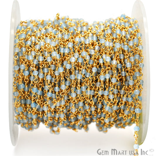 Light Blue Chalcedony Gold Plated Wire Wrapped Gemstone Beads Rosary Chain - GemmartUSA (762912997423)