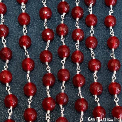 Red jade Faceted Beads 8mm Silver Wire Wrapped Rosary Chain