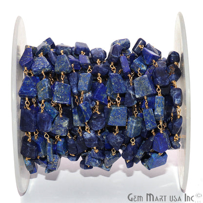 Lapis Smooth 12x8mm Tumble Gold Wire Wrap Rough Bead Faceted Rosary Chain - GemmartUSA