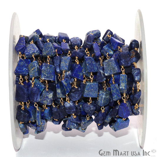 Lapis Smooth 12x8mm Tumble Gold Wire Wrap Rough Bead Faceted Rosary Chain - GemmartUSA