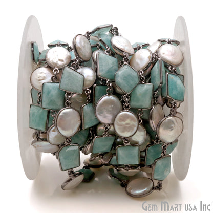 Amazonite And Pear Oxidized Bezel Rosary Connector Chain - GemMartUSA