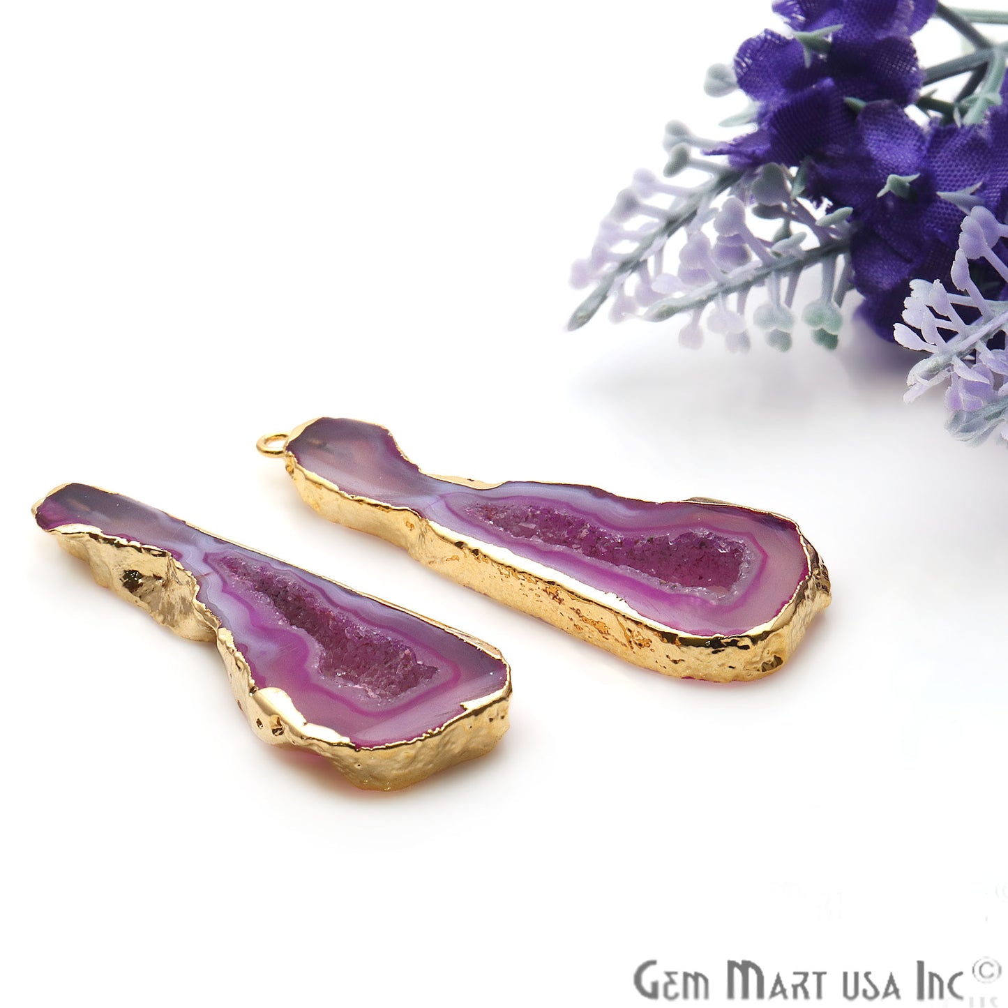 Agate Slice 50x18mm Organic Gold Electroplated Gemstone Earring Connector 1 Pair - GemMartUSA