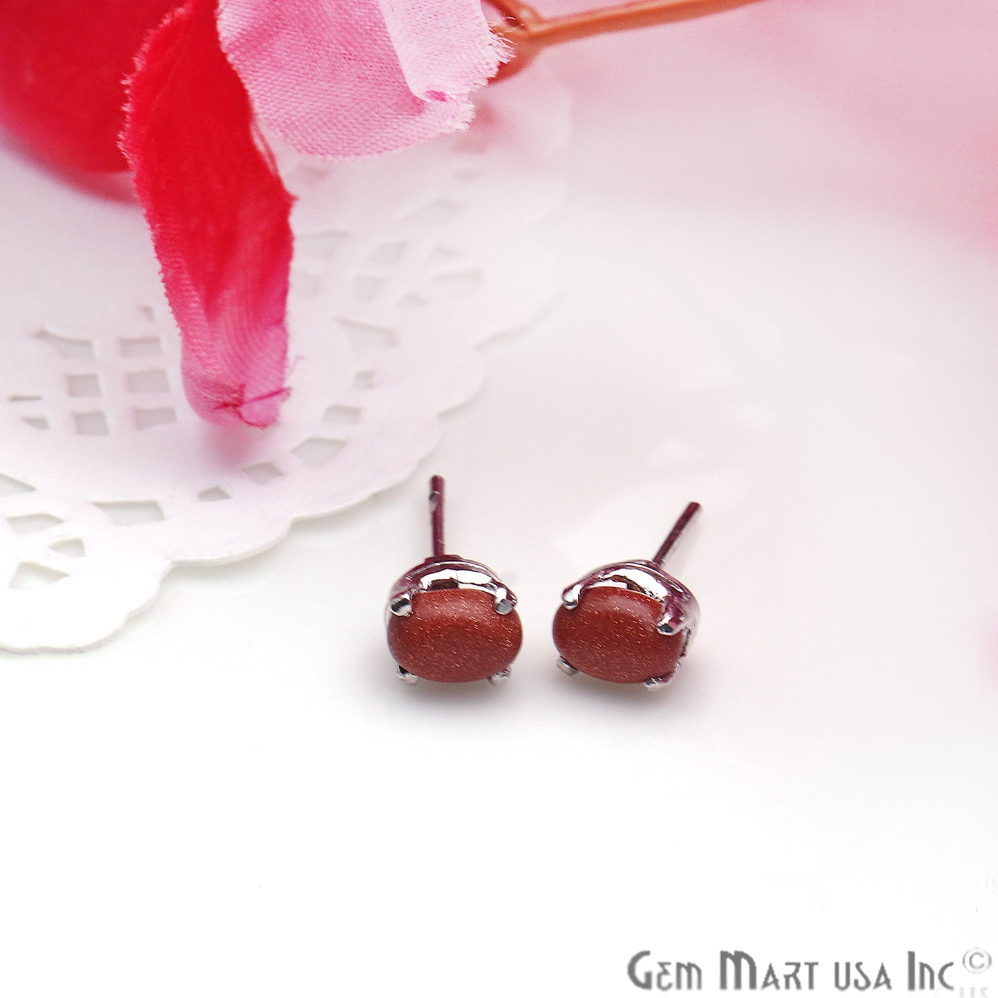 Sunstone 6x4mm Sterling Silver Oval Shape Prong Setting Stud Earring - GemMartUSA