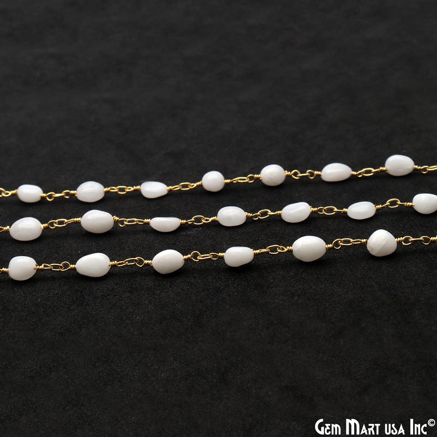 White Agate Tumble Beads 8x5mm Gold Wire Wrapped Rosary Chain