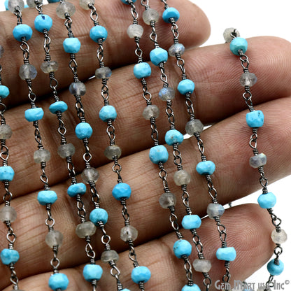 Turquoise & Labradorite 3-3.5mm Oxidized Faceted Beads Wire Wrapped Rosary Chain