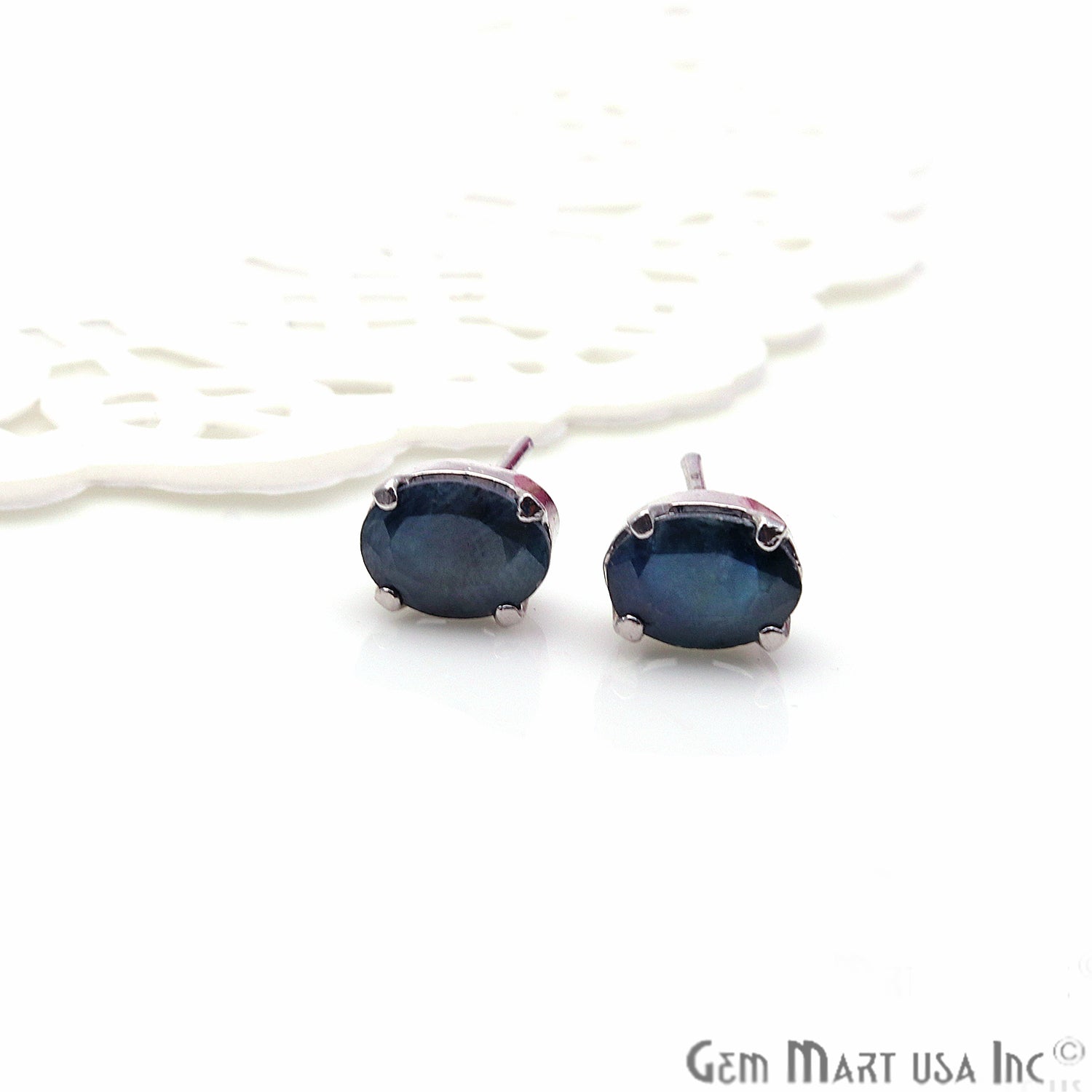 Black Sapphire 5x7mm Sterling Silver Prong Setting Oval Shape Stud Earring - GemMartUSA