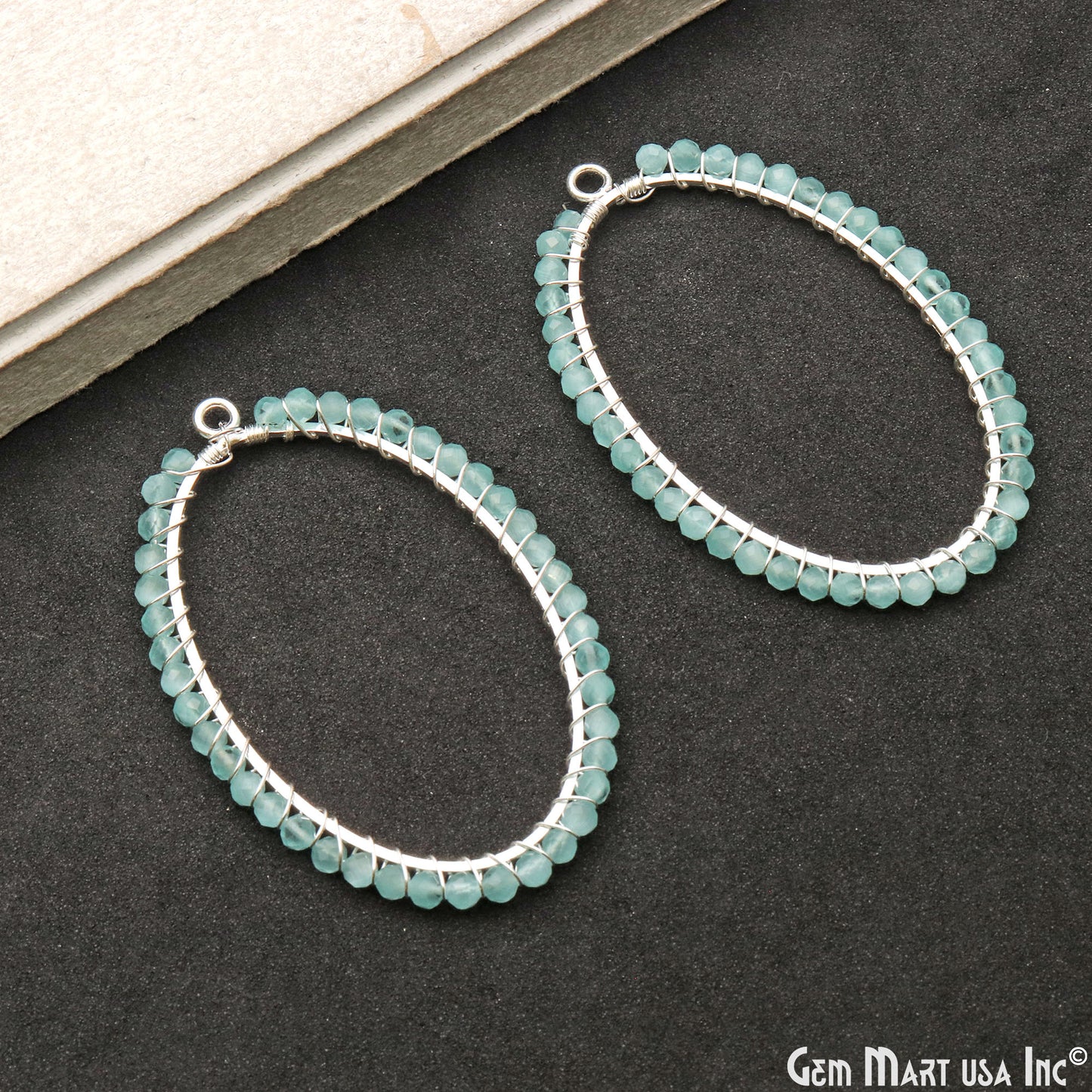 Aqua Chalcedony Oval Shape 52x35mm Silver Wire Wrapped Beads Hoop Connector