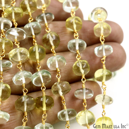 Green Amethyst & Lemon Topaz Cabochon Beads 9-10mm Gold Wire Wrapped Rosary Chain