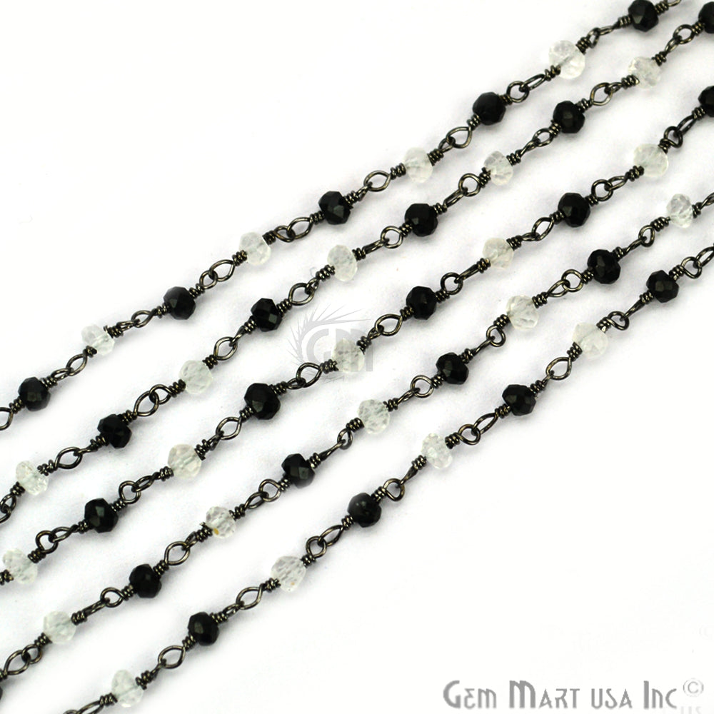 Black Spinel With Crystal Gemstone Beaded Oxidized Wire Wrapped Rosary Chain