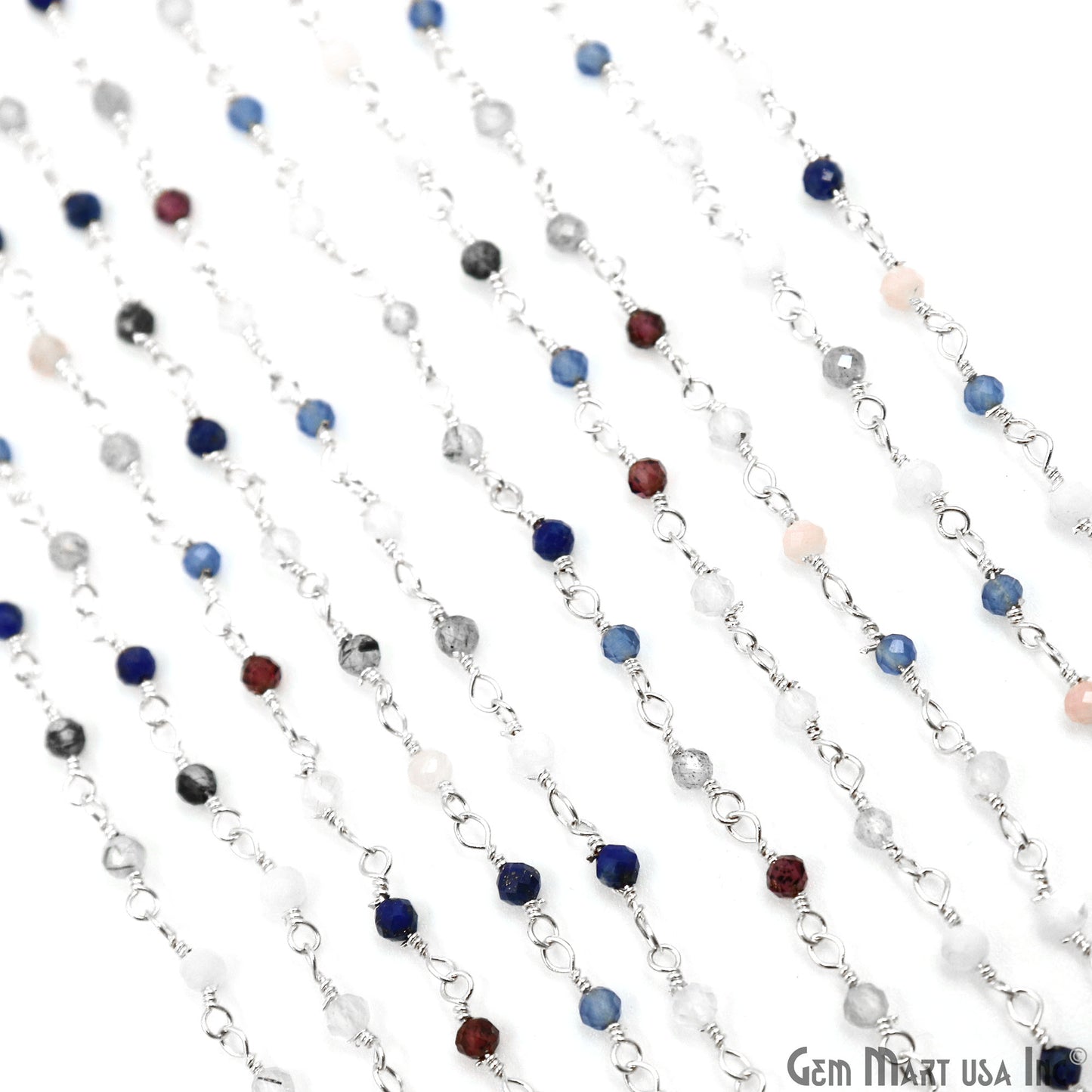 Multi Stone Faceted Beads 2-2.5mm Silver Plated Rosary Chain