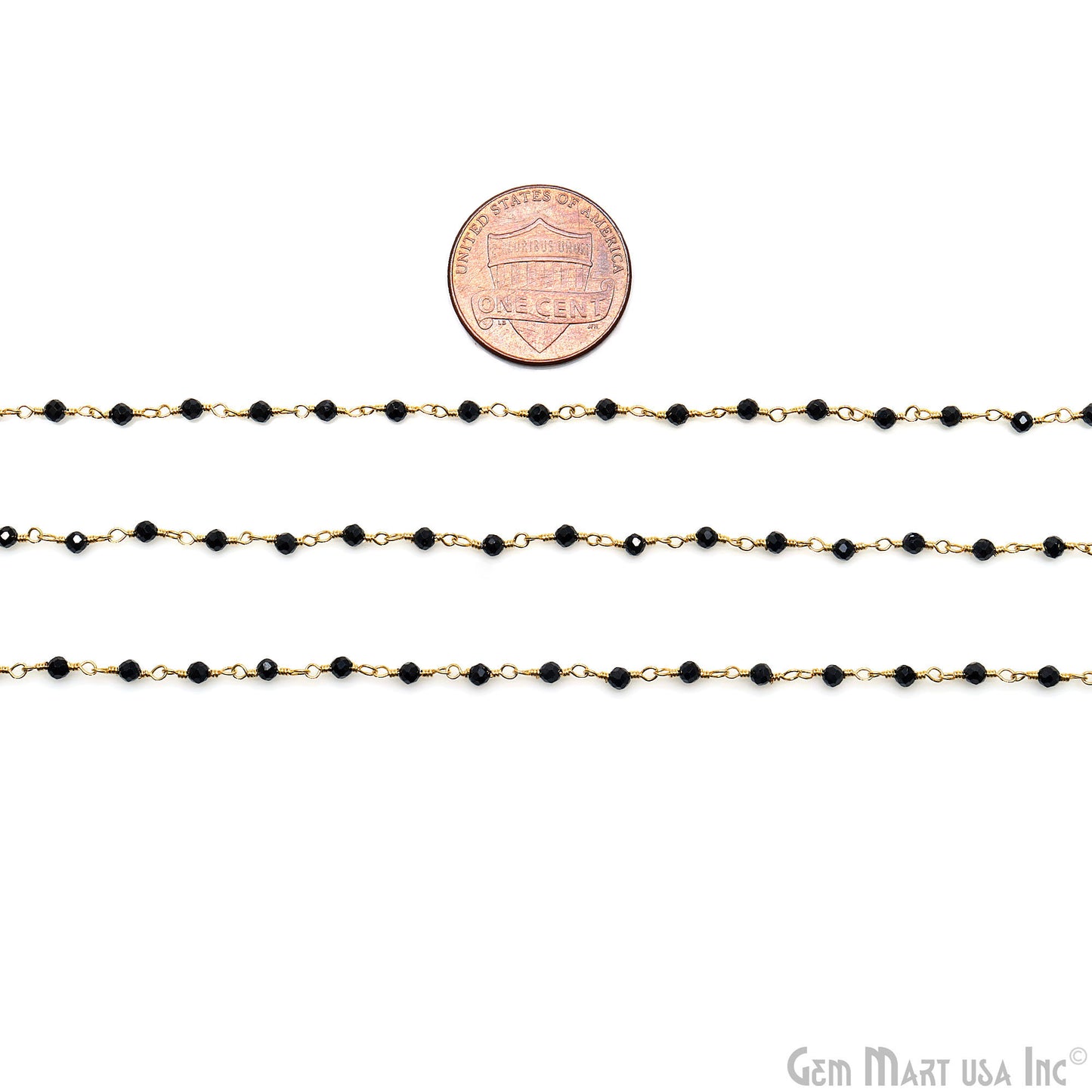 Black Spinel Smooth 2-2.5mm Gold Plated Wire Wrapped Gemstone Beads Rosary Chain (762919911471)