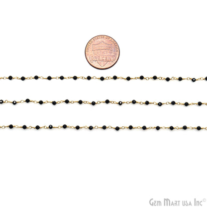 Black Spinel Smooth 2-2.5mm Gold Plated Wire Wrapped Gemstone Beads Rosary Chain (762919911471)