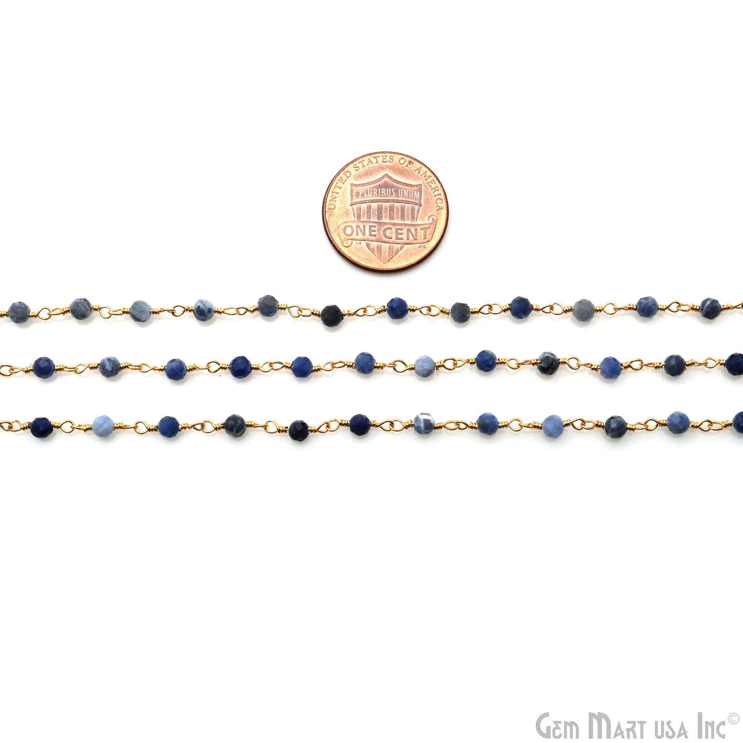 Sodalite 3-3.5mm Gold Plated Beaded Wire Wrapped Rosary Chain