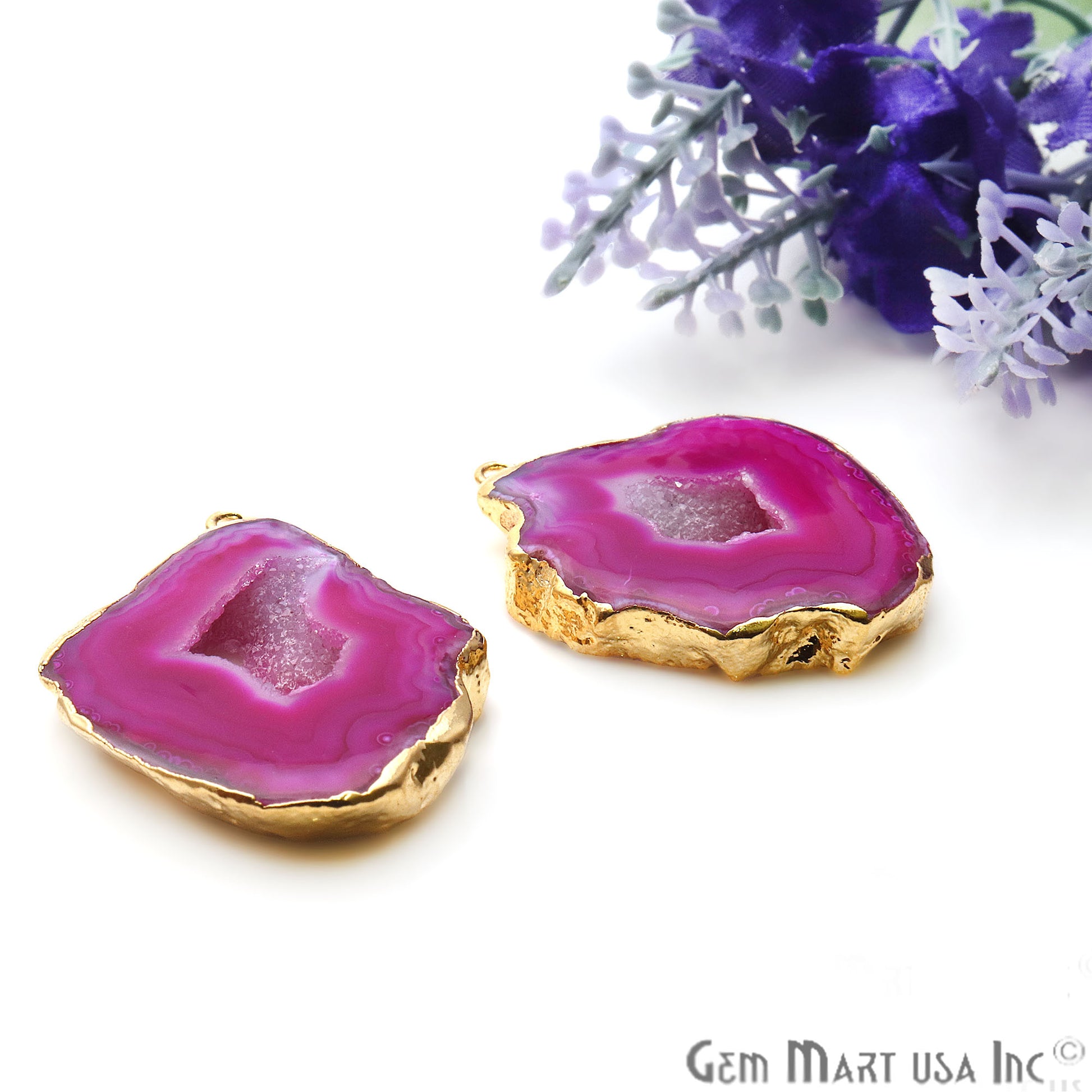 Agate Slice 36x25mm Organic Gold Electroplated Gemstone Earring Connector 1 Pair - GemMartUSA