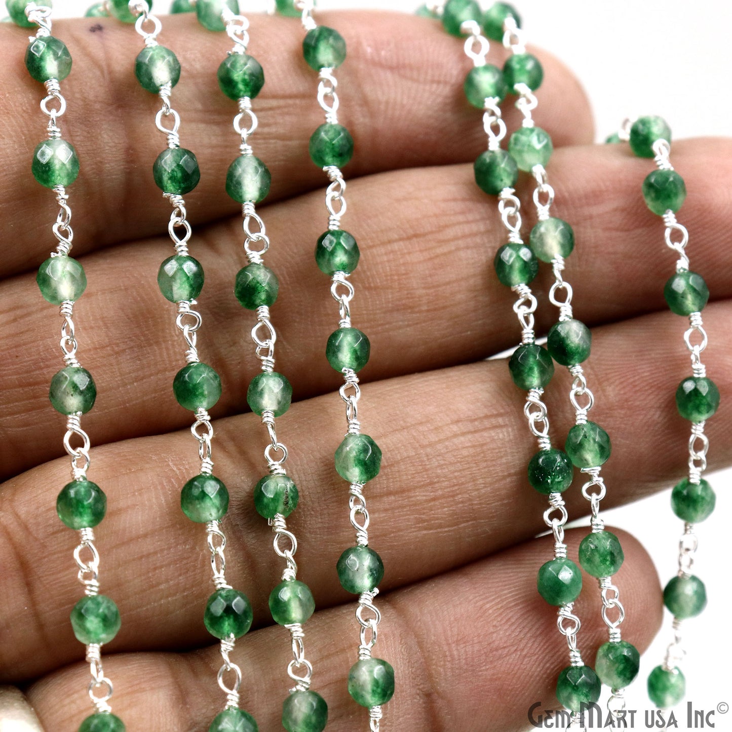 Emerald Jade Beads 4mm Silver Plated Wire Wrapped Rosary Chain