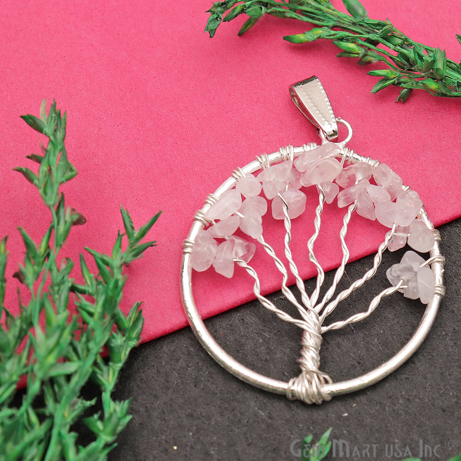 Tree of Life Rose Quartz Silver Wire Wrapped 44x39mm Chakra Pendant - GemMartUSA